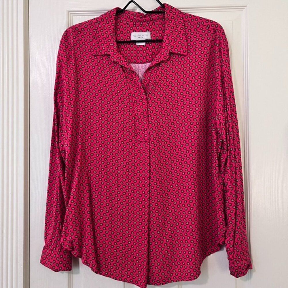 Hot Pink Paisley Liz Claiborne Rayon Long Sleen PullOver Blouse Petite XL